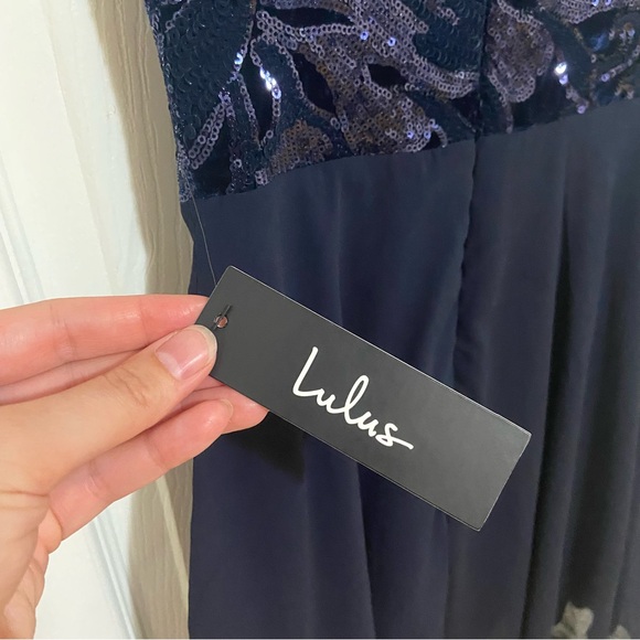 Lulus NWT Time of Love Navy Blue Sequin Halter Skater Velvet Burnout Mini Dress - Picture 11 of 12